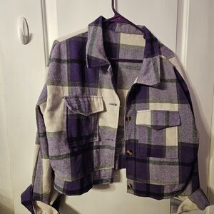 SHEIN Purple Plaid Cropped Button-Up Jacket